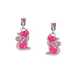 Hot Pink Glitter Cat Light Pink Swarovski Post Charm Earrings