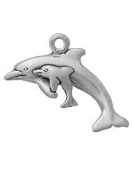 Sterling Silver 18" .8mm Wide Box Chain Necklace With Mini Partial 3D Dolphin With Baby Calf Animal Pendant