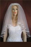 2 Tier Diamond White Fingertip Length 6mm Satin Ribbon Trim Wedding Bridal Veil