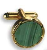 Cufflinks - Round Castle Setting with Malachite Stone Center