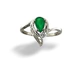 14K White Gold Genuine Pear Emerald and Diamond Ring