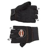 Harley Davidson Mens Fingerless Mesh Gloves. Stretch nylon mesh gloves feature power stretch across the knuckles and ergonomic thumb. Hook and loop closure, reflective piping and Harley-Davidson� Bar & Shield graphic, 98262-07VM