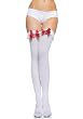 Christmas Opaque Thigh High Nylon Stocking with Ruffle Trim, Satin Bow, Marabou Puff, and Jingle Bells (White/Red-One Size)