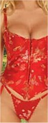 Dragon Print Tapestry Bustier with Lightly Padded Underwire Cups, Hook and Eye Front, Boning, and Waist Cinching Lace Up Back. Matching G-String Included. In Sizes 32-34-36-38-40-42-44 in Red.