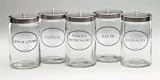 ` Sundry Jars- Labeled Glass Set/5 * Set of 5 Flint glass jars with blue imprint * Labeled as: Appl