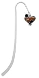 Two Tone Enamel Cheetah Print Heart Silver Plated Charm Bookmark with Jet Black Swarovski Drop
