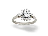 14K White Gold Genuine Emerald-cut White Topaz and Diamond Ring