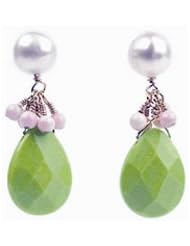 Meg Carter Designs Coral, Green Chalk Turquoise, Freshwater Pearl "Audrey Drops" Earrings in Pink and Green