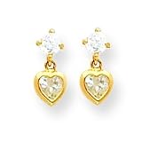 14k 3mm CZ (Cubic Zirconia) with Dangling CZ (Cubic Zirconia) Heart Earrings