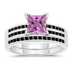 0.51 Cts Black Diamond & 1.04 Cts Pink Sapphire Matching Ring Set in 14K White Gold