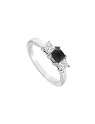 14K White Gold Princess Prong Set Black and White Diamond Three Stone Ring 2.00 CT TDW