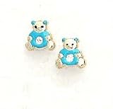 14k Yellow CZ Blue Enamel Childrens Teddy Bear Earrings
