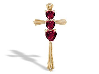 14K Yellow Gold Heart Created Ruby and Diamond Cross Pendant