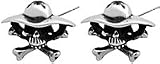 Skull Cowboy Silver Tone Pewter Stud Earrings