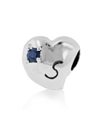Sterling Silver Alphabet S Pandora Style Charm Bead with 2 pieces 3mm Dark Blue Natural Sapphire Gemstones on Both Sides , Fits Pandora , Chamilia, Jovana Bracelet