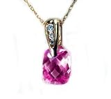 Checkerboard Cushion Cut Lab Pink Sapphire 10k Yellow Gold Pendant Necklace Gift Boxed