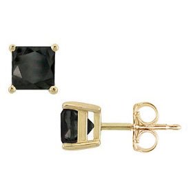 0.50cttw Natural Treated Princess Shape Black Diamond Stud Earrings 14K Yellow Gold.