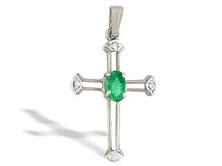 14K White Gold Genuine Oval Emerald and Diamond Cross Pendant