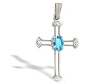 14K White Gold Genuine Oval Blue Topaz and Diamond Cross Pendant