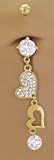 Crystal Clear Cubic Zirconia 24K gold plated Paved Heart Long dangle belly button navel ring 14 gauge
