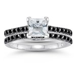 0.78 Cts Black Diamond & 0.78 Cts White Sapphire Bridal Ring Set in 14K White Gold