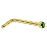 Solid 14KT Yellow Gold 1.5mm Genuine Emerald L-Shaped Nose Ring - 20 Gauge