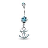 014 Gauge Anchor Belly Button Ring with Aqua Swarovski Crystal in Stainless Steel NON-GOLD BODY