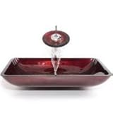 IMAGE OF Kraus C-GVR-200-RE-10G Irruption Red Rectangular Glass Vessel Sink and Waterfall Faucet, Gold