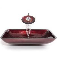 Kraus C-GVR-200-RE-10G Irruption Red Rectangular Glass Vessel Sink and Waterfall Faucet, Gold