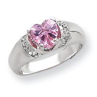 Sterling Silver 7mm Heart Pink and Clear CZ (Cubic Zirconia) Ring