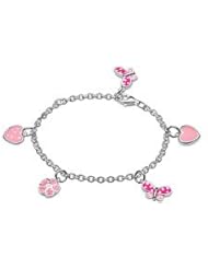 6 1/4 In Silver Pink Flower, Heart And Butterfly Charm Girls Bracelet