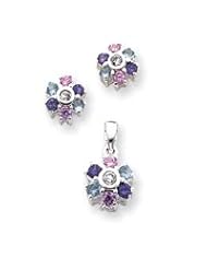 Sterling Silver Multi-colored CZ Floral Earring & Pendant Set