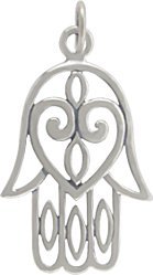Filigree Design Hamsa Hand with Heart Pendant in Sterling Silver, #7661