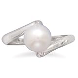 14K White Gold Overlap Ring Featuring a 7.5-8mm Cultured Freshwater Pearl and Diamonds with Wood Box