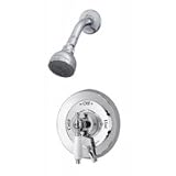 Symmons Deluxe Temptrol pressure balancing mixing valve with white insert handle, integral volume control and clear flo shower head DS-96-1-LPO-PCB
