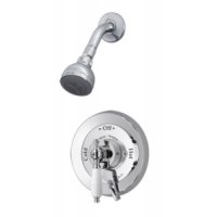 Symmons Deluxe Temptrol pressure balancing mixing valve with white insert handle, integral volume control and clear flo shower head DS-96-1-LPO-PCB