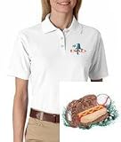 Women's polo shirt with embroidered image of: baseball glove & hotdog
