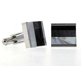 Stainless Steel Genuine Black Onyx, Abalone and MOP Three Stripe Cufflinks