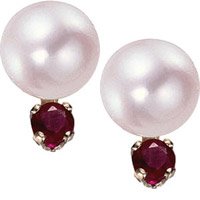 14k 8-8.5mm Freshwater Pearl and Ruby Earring by Ruby Birthstones