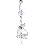 Clear cz Cubic Zirconia Double Dragonfly Dangle Belly button Navel Ring 14 gauge