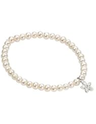 Pearl Silver Diamond Flower Charm Stretch Kids Bracelet (5-6 1/4 in)