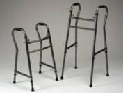 Folding Walker - Double Button Extra Tall Narrow Walker. Adjustable height legs for tall youth to tall adult. Angled front legs for stability and an over the toilet design. Weight capacity 300 lbs.