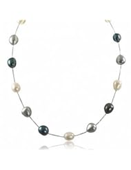 14K white gold white and dyed multi blue baroque freshwater cultured pearl station necklace, 17"