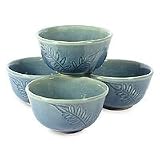 Celadon ceramic bowls, 'Blue Fern' (set of 4)