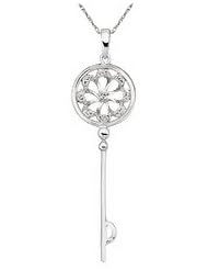 10K White Gold Diamond Key Pendant w/ Chain