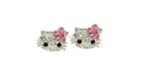 X-small 1/4" Kitty Stud Earrings w/ Pink Flower Bow - Silver Plated