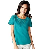 Per Una Linen Blend Embroidered Neck Embellished Blouse