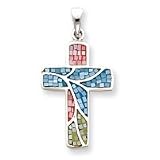 Sterling Silver Mulitcolored Shell Cross Pendant with 20 Inch Sterling Silver Chain