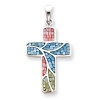 Sterling Silver Mulitcolored Shell Cross Pendant with 20 Inch Sterling Silver Chain