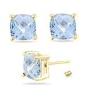 9 mm Cushion Checkered Aquamarine Stud Earrings in 18K Yellow Gold